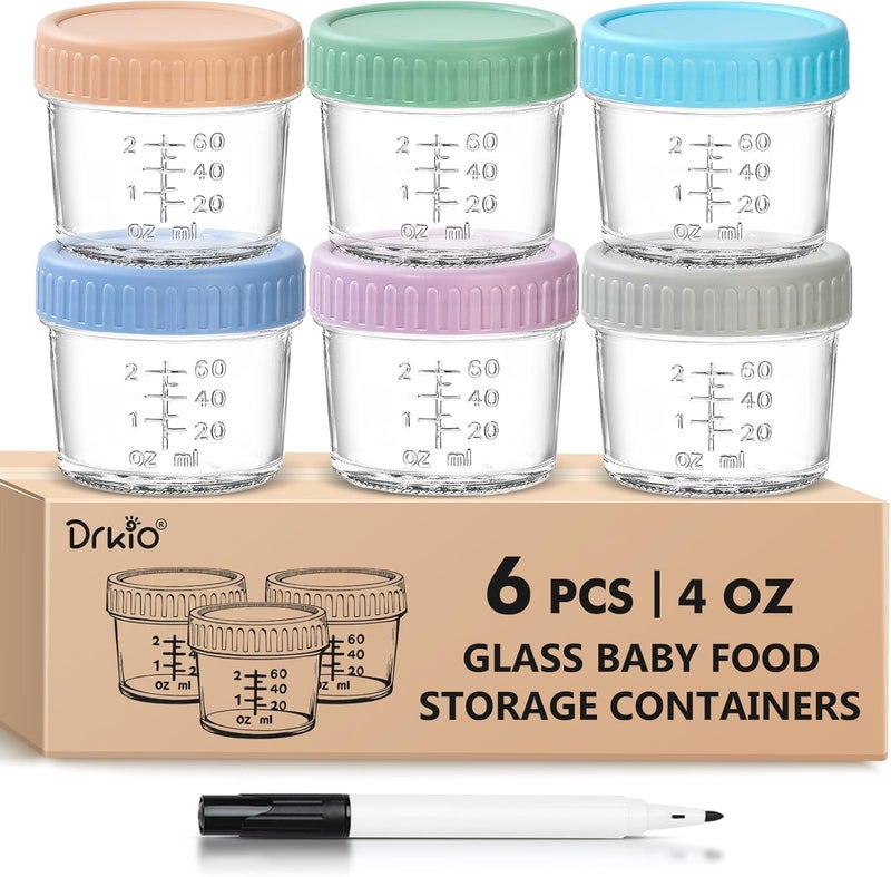 DRKIO 6 عبوات زجاجية لتخزين طعام الأطفال - 4 أونصات من برطمانات طعام الأطفال مع أغطية صانع طعام الأطفال آمنة للاستخدام في الميكروويف وغسالة الصحون والفريزر 100% مانعة للتسرب خالية من BPA قابلة لإعادة الاستخدام - Image 1